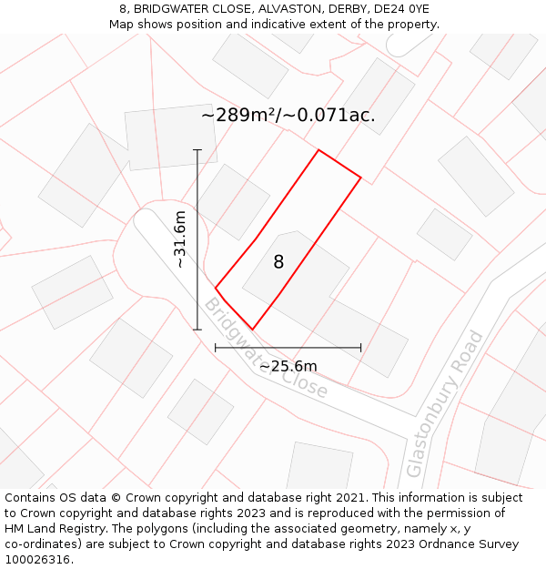 8, BRIDGWATER CLOSE, ALVASTON, DERBY, DE24 0YE: Plot and title map