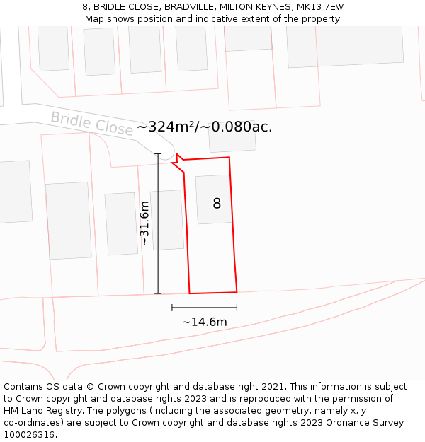 8, BRIDLE CLOSE, BRADVILLE, MILTON KEYNES, MK13 7EW: Plot and title map