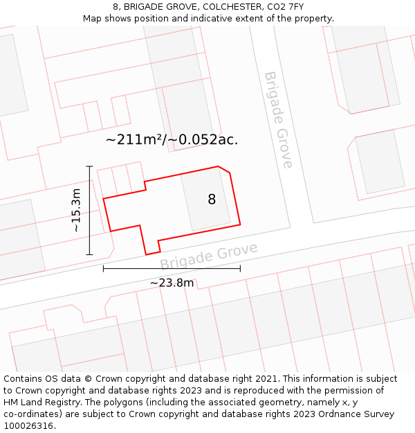 8, BRIGADE GROVE, COLCHESTER, CO2 7FY: Plot and title map