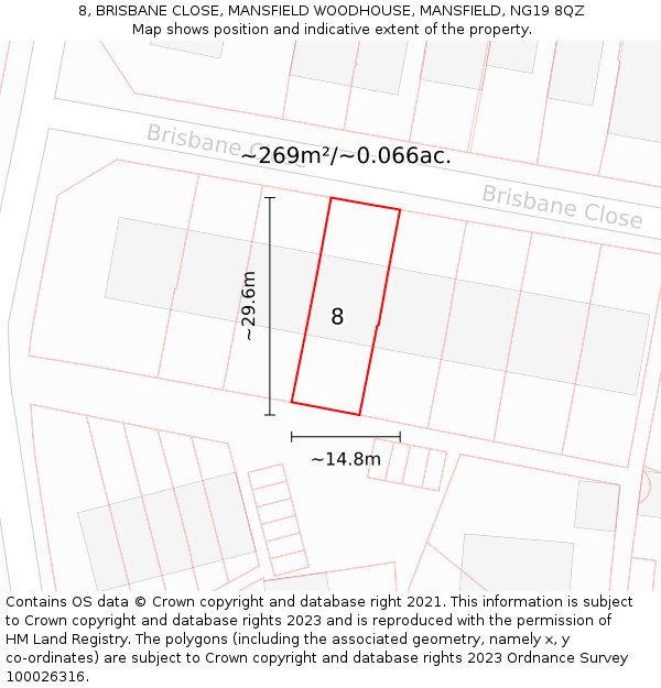 8, BRISBANE CLOSE, MANSFIELD WOODHOUSE, MANSFIELD, NG19 8QZ: Plot and title map