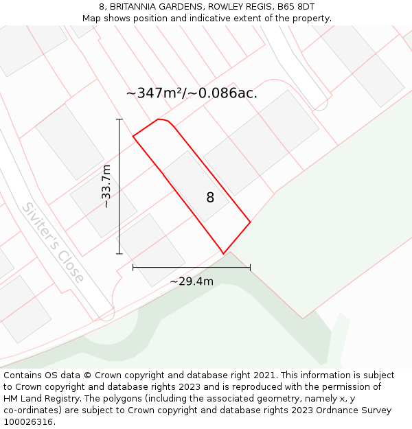 8, BRITANNIA GARDENS, ROWLEY REGIS, B65 8DT: Plot and title map