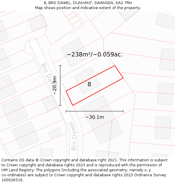 8, BRO DAWEL, DUNVANT, SWANSEA, SA2 7RN: Plot and title map