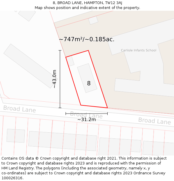 8, BROAD LANE, HAMPTON, TW12 3AJ: Plot and title map