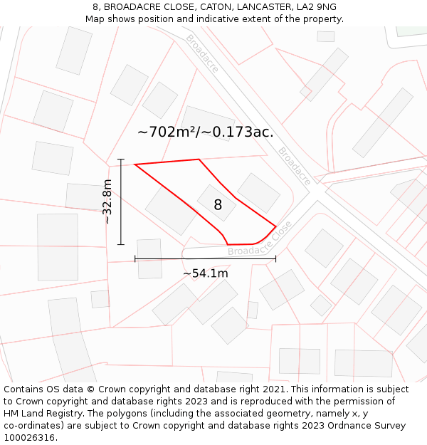 8, BROADACRE CLOSE, CATON, LANCASTER, LA2 9NG: Plot and title map