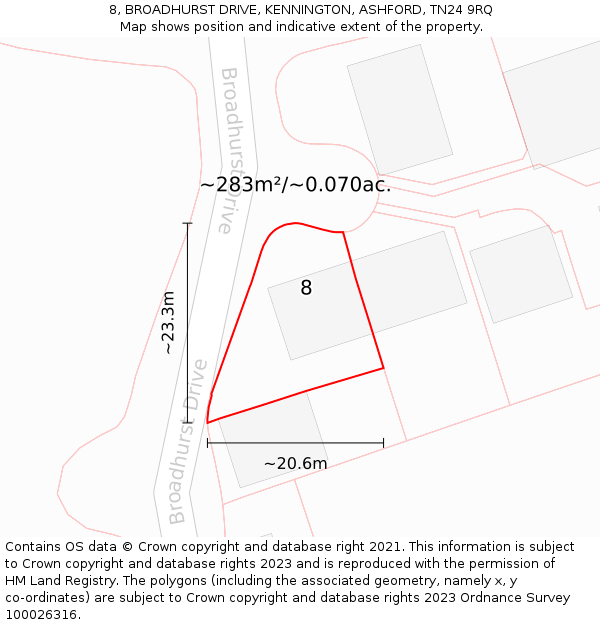 8, BROADHURST DRIVE, KENNINGTON, ASHFORD, TN24 9RQ: Plot and title map