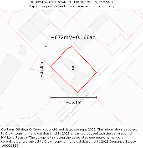 8, BROADWATER DOWN, TUNBRIDGE WELLS, TN2 5NG: Plot and title map