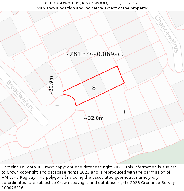 8, BROADWATERS, KINGSWOOD, HULL, HU7 3NF: Plot and title map