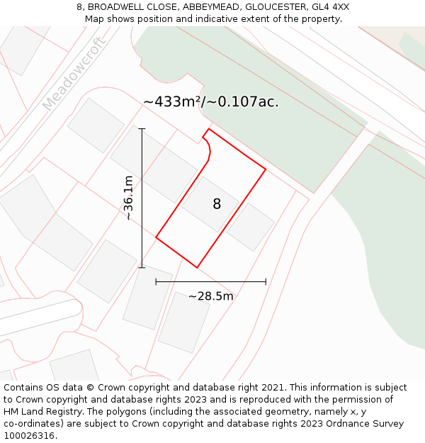 8, BROADWELL CLOSE, ABBEYMEAD, GLOUCESTER, GL4 4XX: Plot and title map