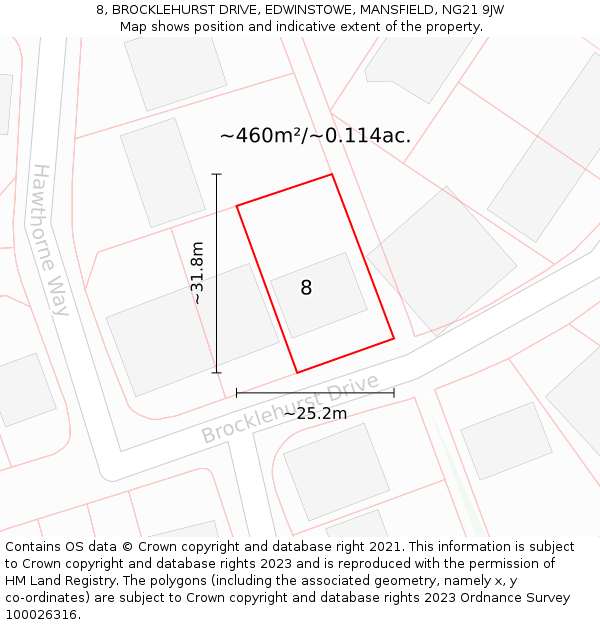 8, BROCKLEHURST DRIVE, EDWINSTOWE, MANSFIELD, NG21 9JW: Plot and title map