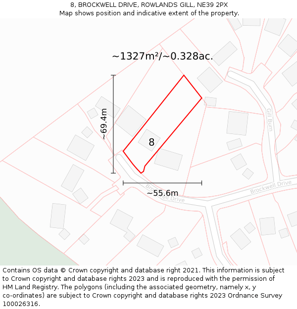 8, BROCKWELL DRIVE, ROWLANDS GILL, NE39 2PX: Plot and title map