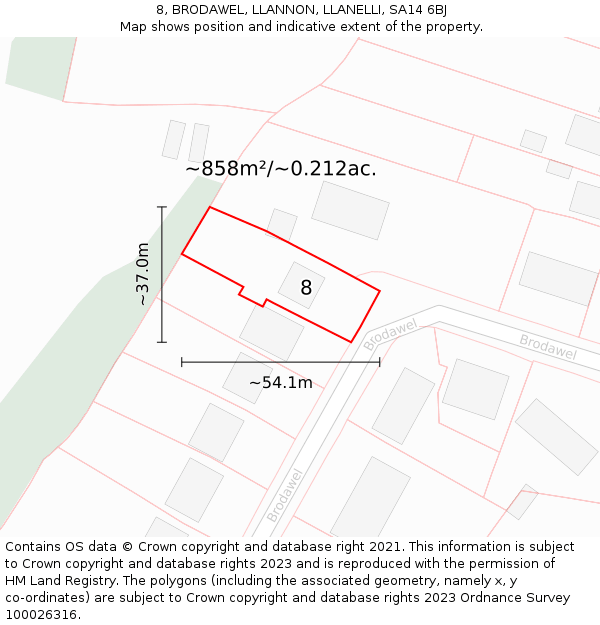 8, BRODAWEL, LLANNON, LLANELLI, SA14 6BJ: Plot and title map