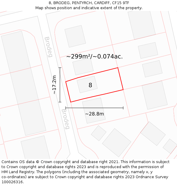 8, BRODEG, PENTYRCH, CARDIFF, CF15 9TF: Plot and title map