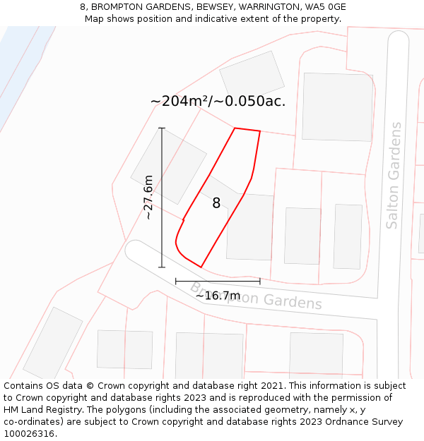 8, BROMPTON GARDENS, BEWSEY, WARRINGTON, WA5 0GE: Plot and title map