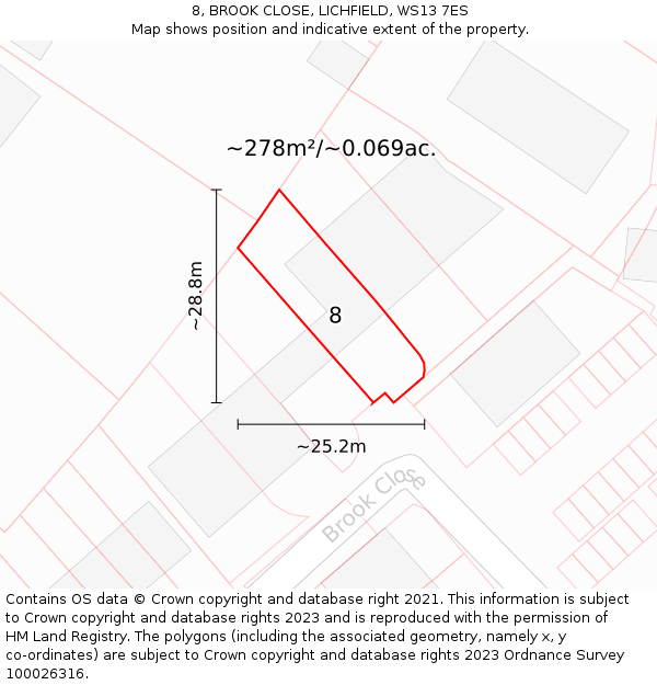 8, BROOK CLOSE, LICHFIELD, WS13 7ES: Plot and title map