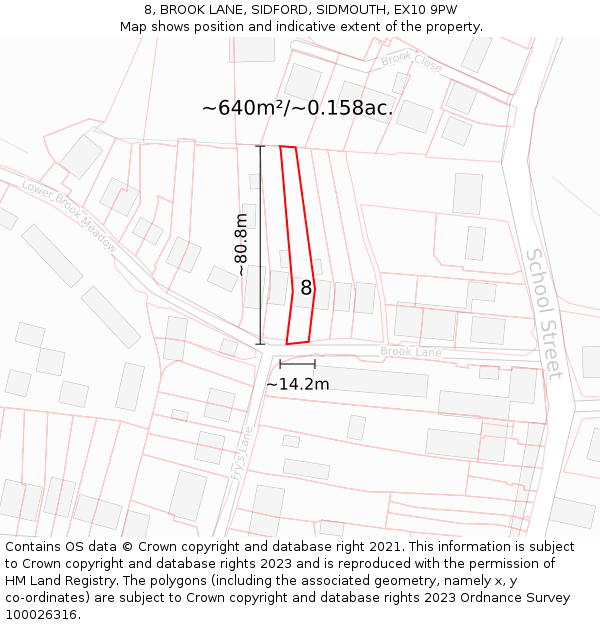 8, BROOK LANE, SIDFORD, SIDMOUTH, EX10 9PW: Plot and title map