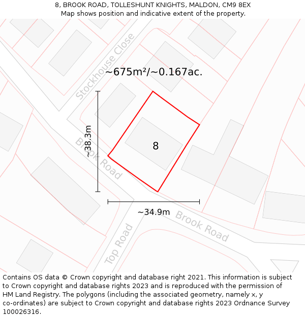 8, BROOK ROAD, TOLLESHUNT KNIGHTS, MALDON, CM9 8EX: Plot and title map