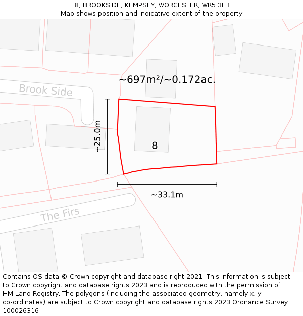 8, BROOKSIDE, KEMPSEY, WORCESTER, WR5 3LB: Plot and title map