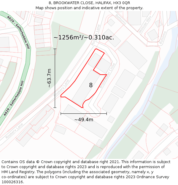 8, BROOKWATER CLOSE, HALIFAX, HX3 0QR: Plot and title map