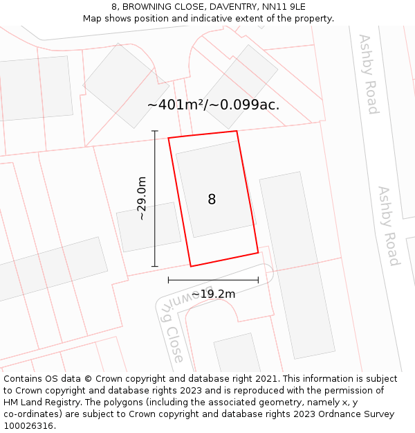 8, BROWNING CLOSE, DAVENTRY, NN11 9LE: Plot and title map