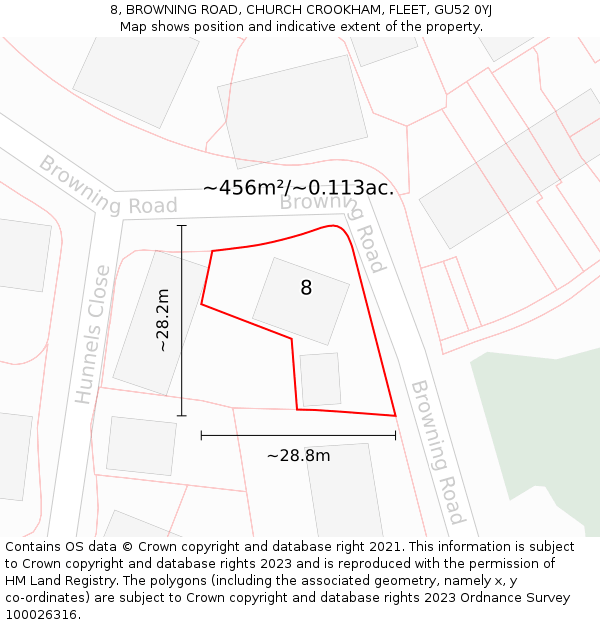 8, BROWNING ROAD, CHURCH CROOKHAM, FLEET, GU52 0YJ: Plot and title map