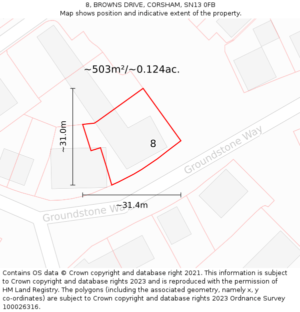 8, BROWNS DRIVE, CORSHAM, SN13 0FB: Plot and title map