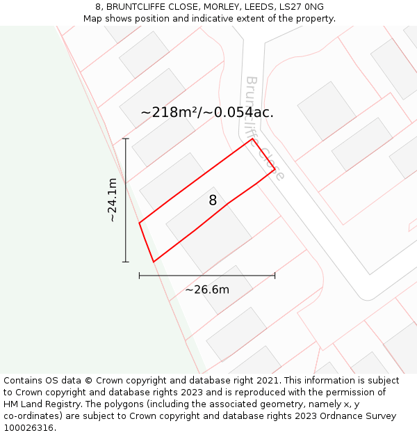 8, BRUNTCLIFFE CLOSE, MORLEY, LEEDS, LS27 0NG: Plot and title map