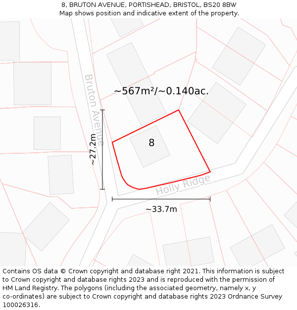 8, BRUTON AVENUE, PORTISHEAD, BRISTOL, BS20 8BW: Plot and title map