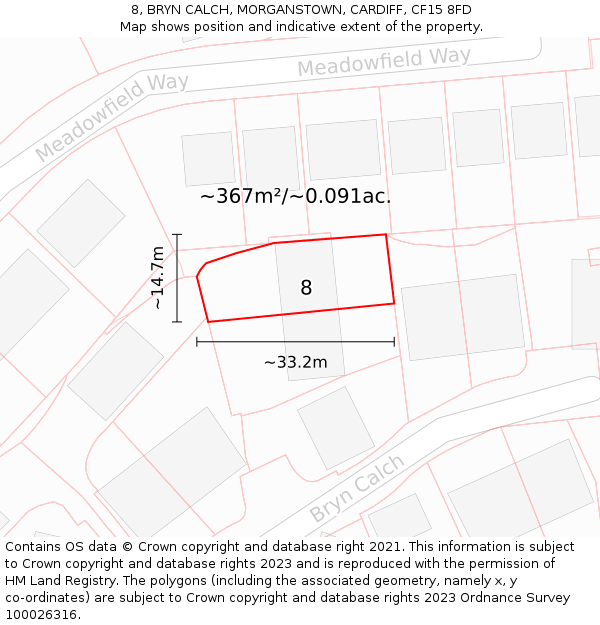 8, BRYN CALCH, MORGANSTOWN, CARDIFF, CF15 8FD: Plot and title map