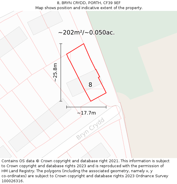 8, BRYN CRYDD, PORTH, CF39 9EF: Plot and title map