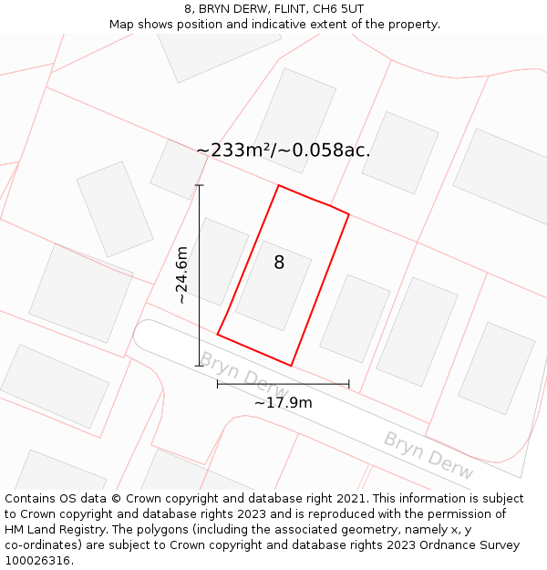 8, BRYN DERW, FLINT, CH6 5UT: Plot and title map