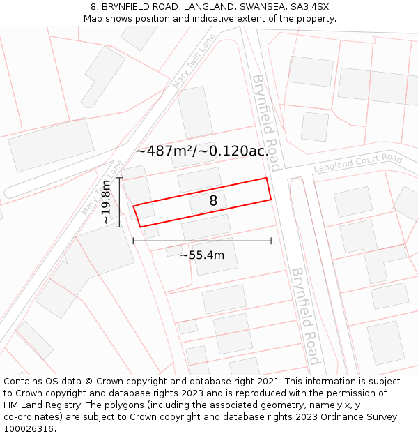 8, BRYNFIELD ROAD, LANGLAND, SWANSEA, SA3 4SX: Plot and title map