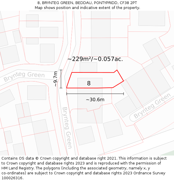 8, BRYNTEG GREEN, BEDDAU, PONTYPRIDD, CF38 2PT: Plot and title map