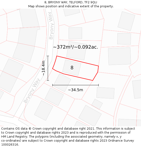 8, BRYONY WAY, TELFORD, TF2 9QU: Plot and title map