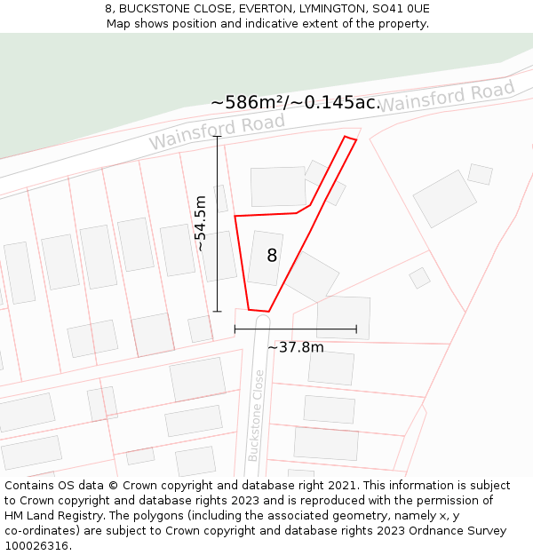 8, BUCKSTONE CLOSE, EVERTON, LYMINGTON, SO41 0UE: Plot and title map