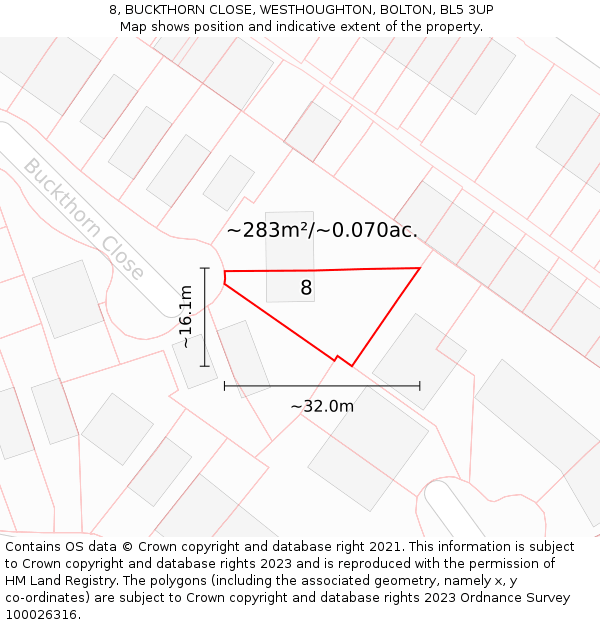 8, BUCKTHORN CLOSE, WESTHOUGHTON, BOLTON, BL5 3UP: Plot and title map