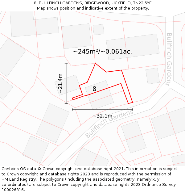 8, BULLFINCH GARDENS, RIDGEWOOD, UCKFIELD, TN22 5YE: Plot and title map