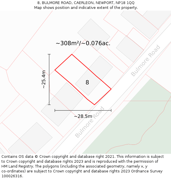 8, BULMORE ROAD, CAERLEON, NEWPORT, NP18 1QQ: Plot and title map