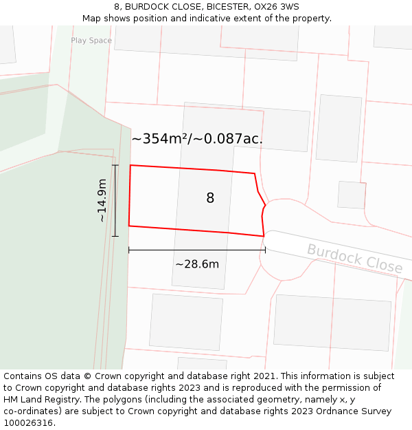 8, BURDOCK CLOSE, BICESTER, OX26 3WS: Plot and title map
