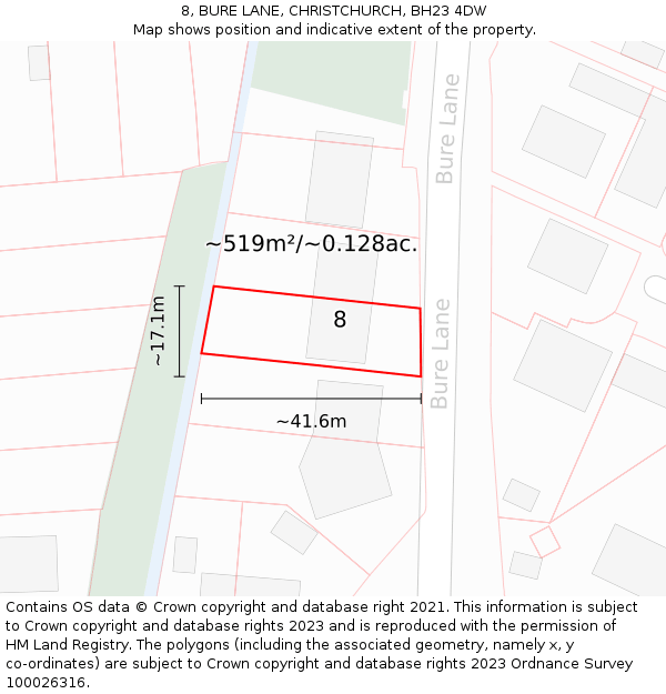 8, BURE LANE, CHRISTCHURCH, BH23 4DW: Plot and title map