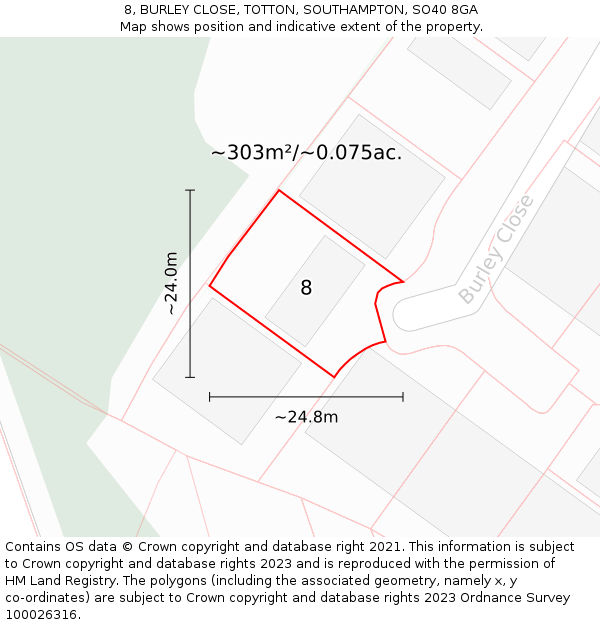 8, BURLEY CLOSE, TOTTON, SOUTHAMPTON, SO40 8GA: Plot and title map