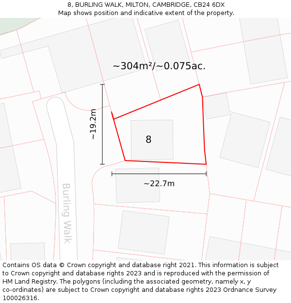 8, BURLING WALK, MILTON, CAMBRIDGE, CB24 6DX: Plot and title map