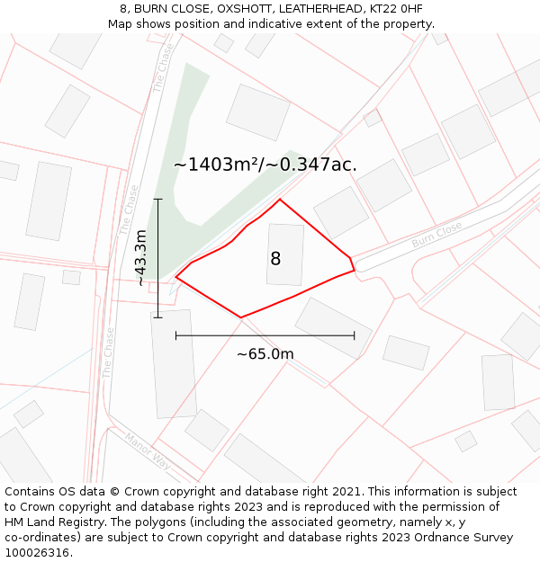 8, BURN CLOSE, OXSHOTT, LEATHERHEAD, KT22 0HF: Plot and title map