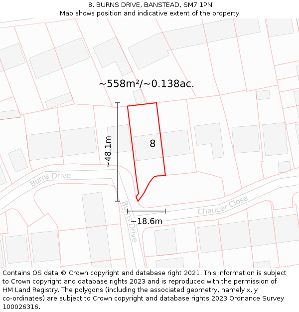 8, BURNS DRIVE, BANSTEAD, SM7 1PN: Plot and title map