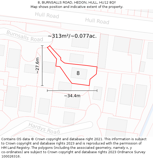 8, BURNSALLS ROAD, HEDON, HULL, HU12 8QY: Plot and title map