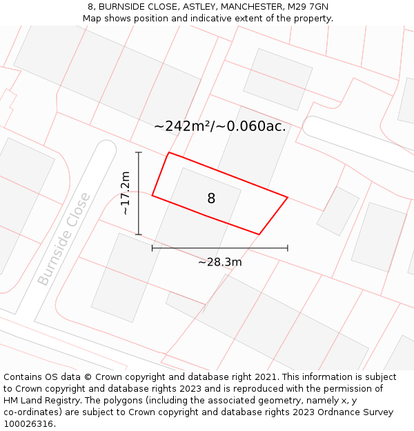 8, BURNSIDE CLOSE, ASTLEY, MANCHESTER, M29 7GN: Plot and title map