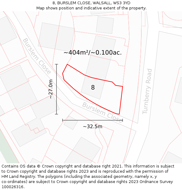 8, BURSLEM CLOSE, WALSALL, WS3 3YD: Plot and title map