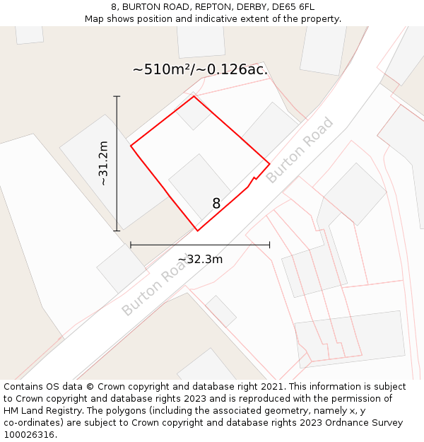 8, BURTON ROAD, REPTON, DERBY, DE65 6FL: Plot and title map