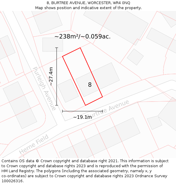 8, BURTREE AVENUE, WORCESTER, WR4 0NQ: Plot and title map