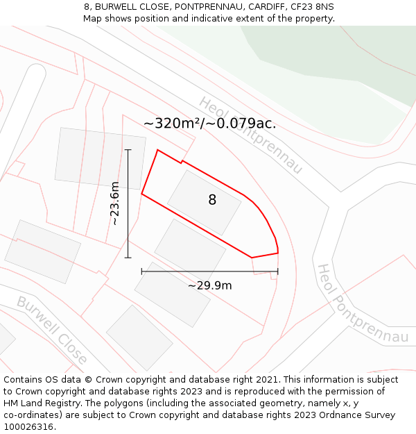 8, BURWELL CLOSE, PONTPRENNAU, CARDIFF, CF23 8NS: Plot and title map