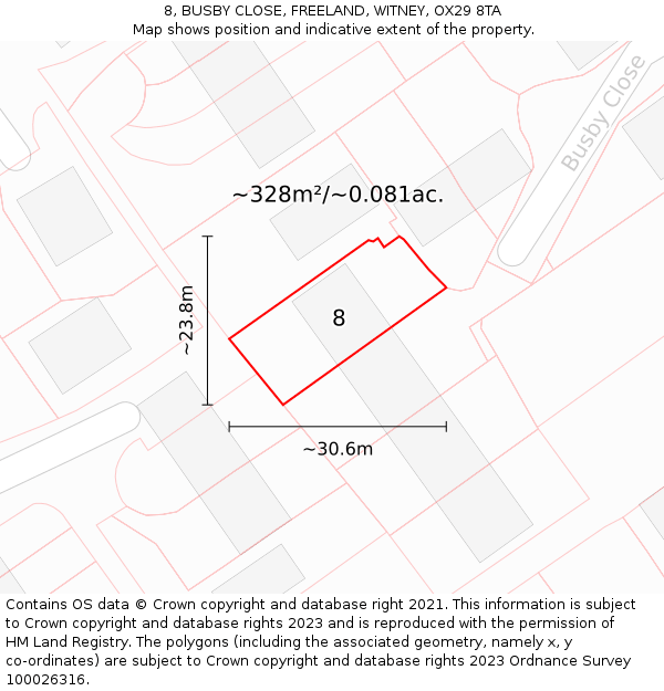 8, BUSBY CLOSE, FREELAND, WITNEY, OX29 8TA: Plot and title map